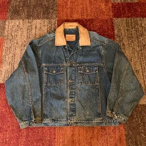 Vintage 90’s Timberland Blue Denim Trucker Jacket W Leather Collar Size XL